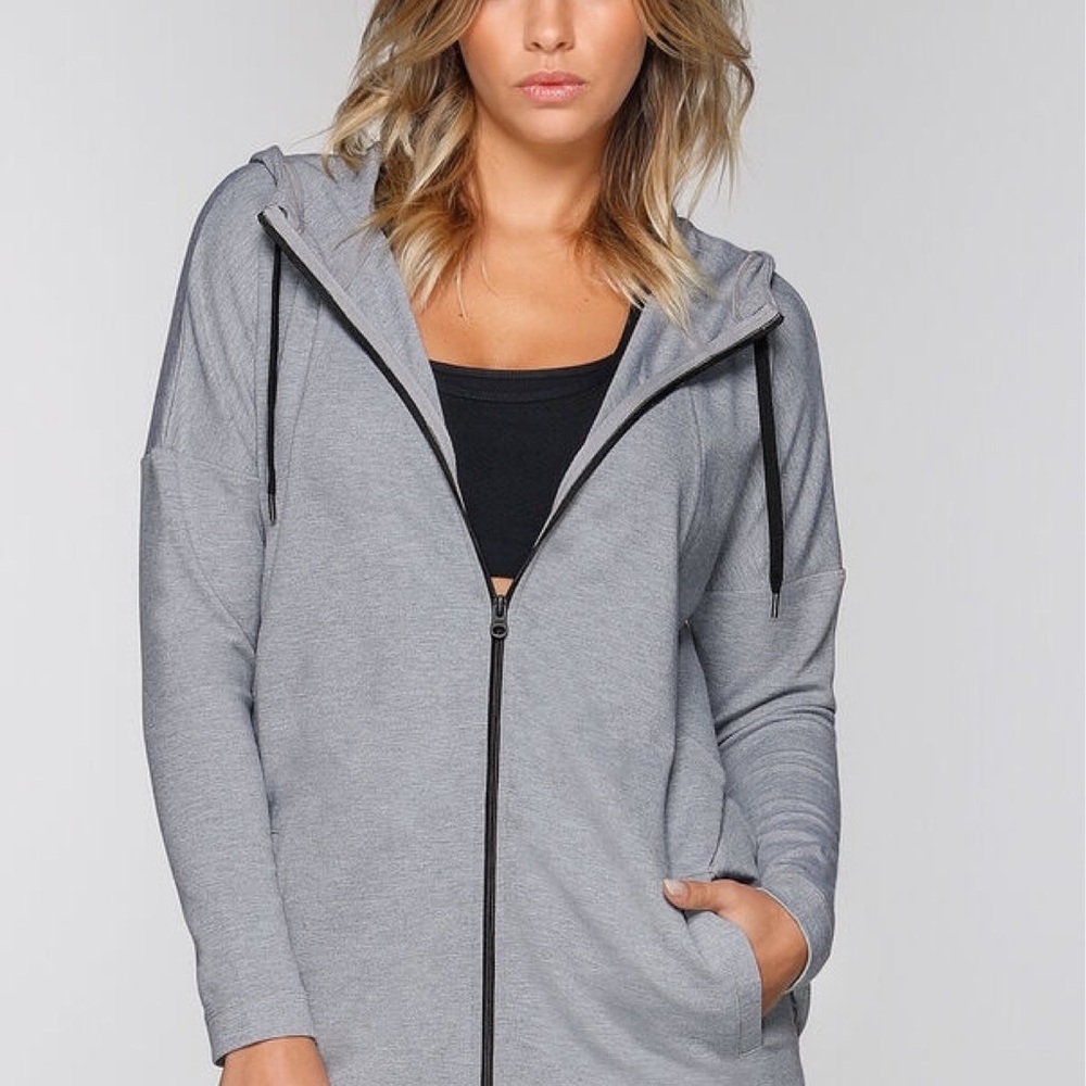 Lorna Jane womens Long Full Zip Hoodie Activewear Gray Mock Neck Sz S